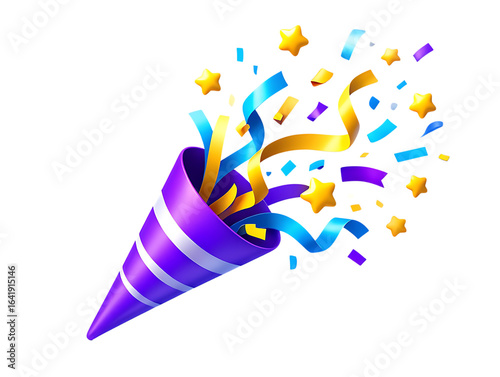 Festive 3D Party Popper Exploding with Colorful Confetti and Sparkling Golden Stars