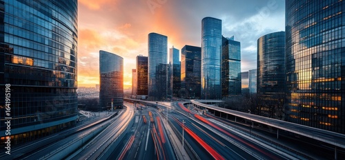 La D?fense Skyline at Sunset: A Panoramic View of Modern Architecture and City Traffic