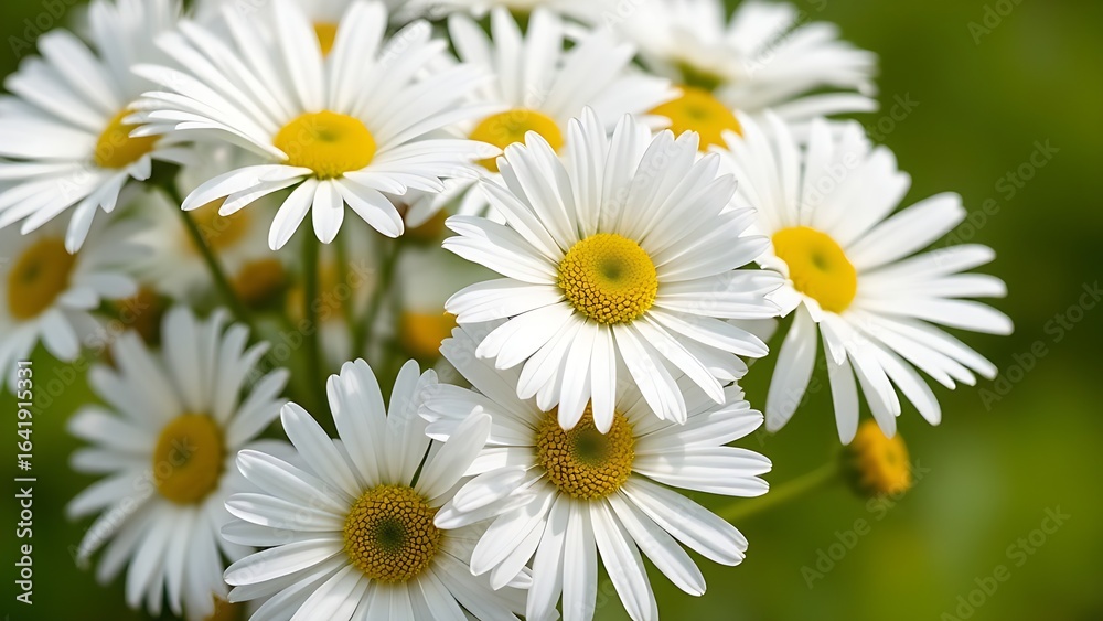 Obraz premium Fresh white daisies in full bloom, arranged beautifully against a green backdrop.