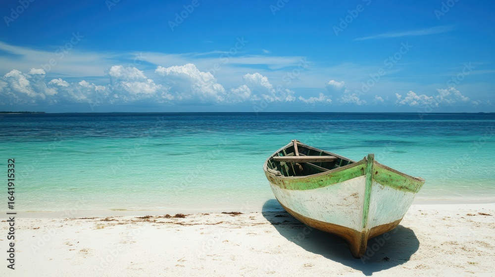 Tropical beach boat idyllic scene, calm ocean, white sand Tropical beach boat idyllic scene, calm ocean, white sand
