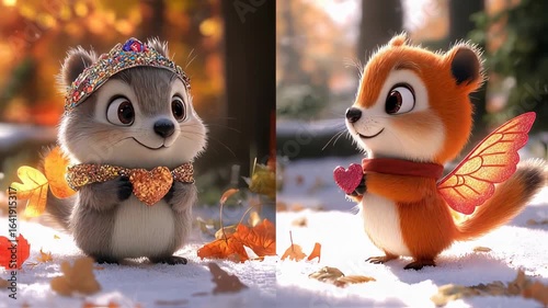 Cute Cartoon Chipmunks in Love Share Hearts in a Snowy Autumn Forest Animation