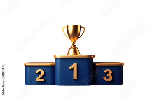 Shiny golden trophy resting on a vibrant blue and gold podium with numbers 1, 2, and 3 for winners.