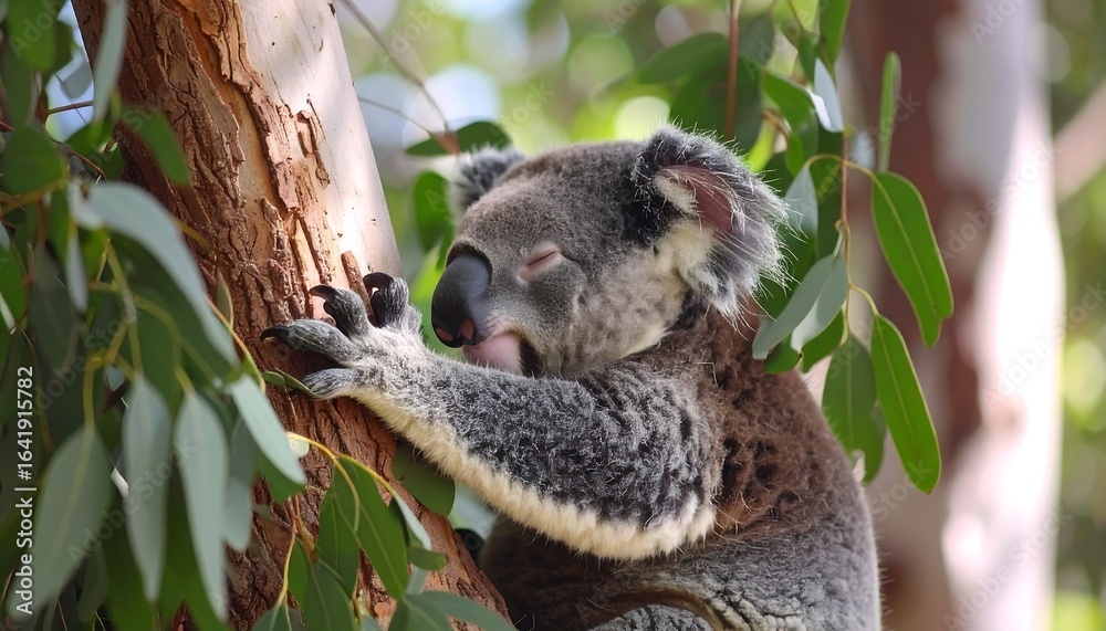 Fototapeta premium Sleepy koala clinging to eucalyptus tree