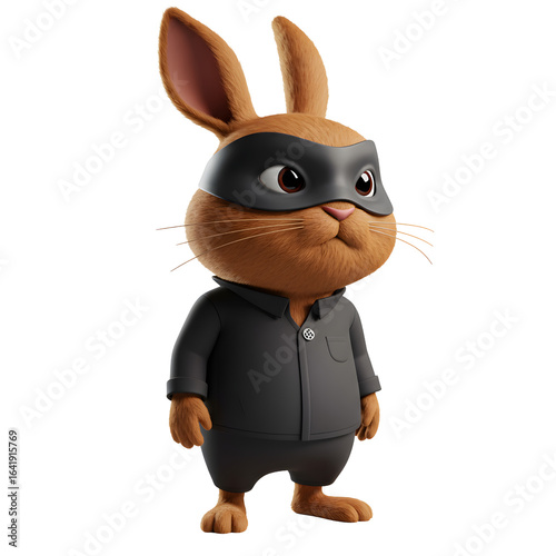 Whimsical Bandit Bunny Character in a Black Mask and Jacket, Isolated on White Background - Adorable Cartoon Antagonist
