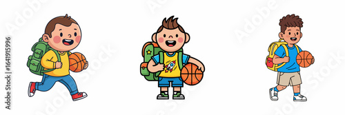 Cartoon Cheerful Student With Backpack Holding Basketball Illustration Element