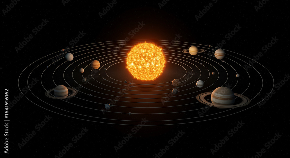 Fototapeta premium Solar System with Planets in Accurate Scaled Orbits