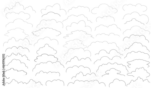 50 sets of thin line doodle shapes to complete the image of clouds, leaves, grass, and sea waves isolated on a white background. vector