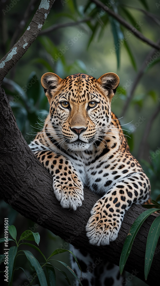 Naklejka premium Leopard resting on a tree branch in lush foliage big Tiger