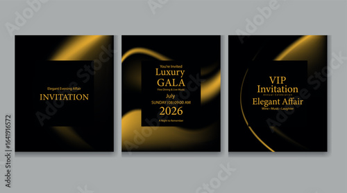  Elegant black and gold luxury invitation card templates with curved accents for VIP events and galas