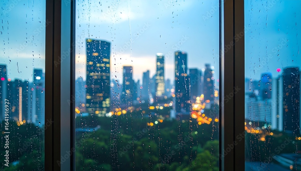 Fototapeta premium Cityscape rain drops window view