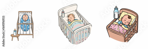 Cartoonish Hand Drawn Baby Sleeping Peacefully in Crib Illustration Set