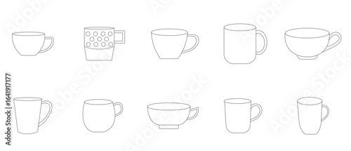 Stylish collection of coffee and tea cup shapes isolated on a transparent background.