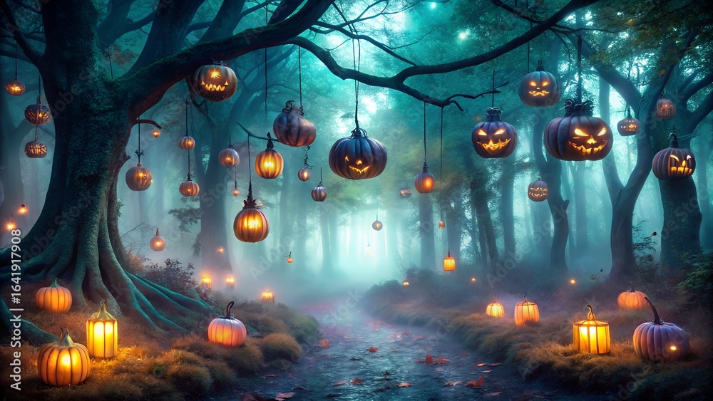 Obraz premium Dark Enchanted Forest with Purple and Teal Mist