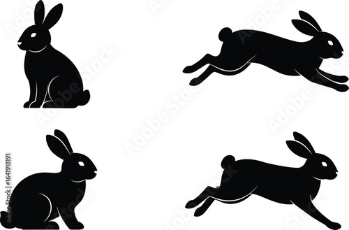 Rabbit silhouette collection, sitting and running bunnies, black vector illustration, pet hare outline, wildlife clipart, animal graphic design, leaping rabbit art