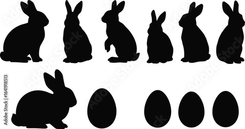 Black rabbit silhouettes, Easter bunny vector set, cute hare poses, animal outline art, egg shapes, spring holiday decoration design