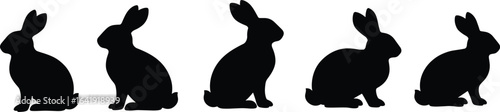Rabbit silhouette row, black bunny shapes, sitting hare outline, pet rabbit vector, animal shadow design, wildlife illustration, simple bunny graphic art