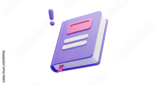 3d icon of open purple book with pink and white details and a red bookmark, isolated on transparent background