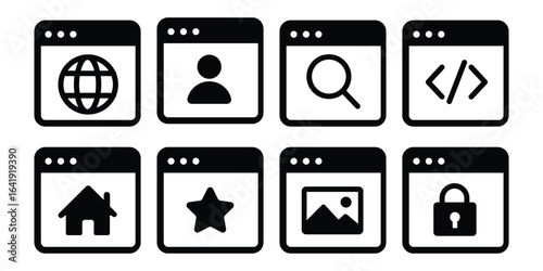 Modern web interface icons for digital navigation, user profiles, search, code, home, favorites, images, and security