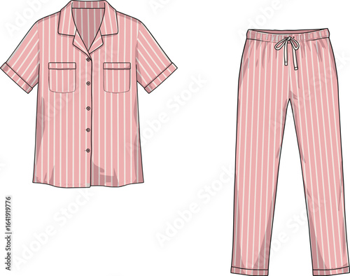Women’s short sleeve striped pajama set with button-up shirt, chest pockets, drawstring waist pants, casual sleepwear CAD flat vector illustration