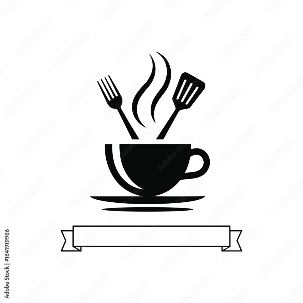 Coffee cup with cooking utensils and steam on a saucer fork spatula Coffee cup with cooking utensils and steam on a saucer fork spatula