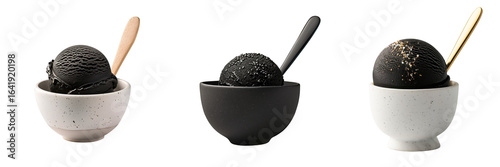 Set of black sesame ice cream scoop with a spoon in a ceramic bowl isolated on transparent or white background