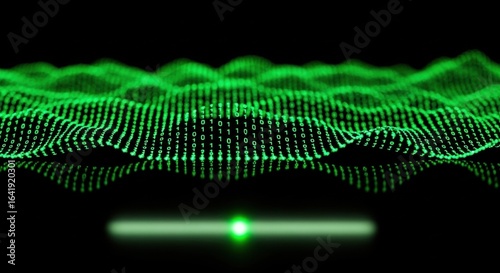 Green wave of binary code on a black background. Abstract data flow visualization for technology and internet concepts.