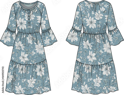 Blue floral tiered midi dress with ruffle bell sleeves, button front, and gathered waist CAD fashion flat vector illustration