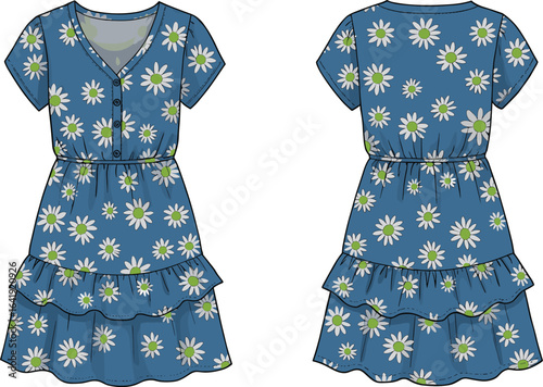 Blue short sleeve button-front tiered dress with white daisy floral print, elastic waist, and ruffle hem CAD flat vector illustration