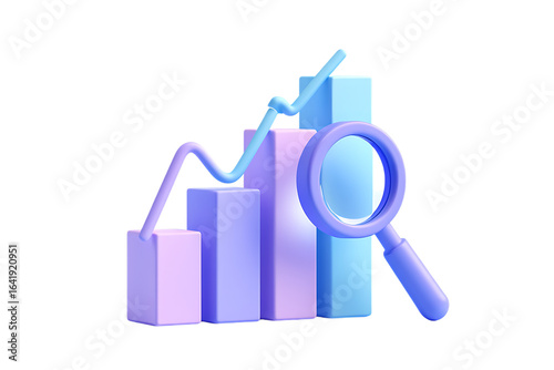Minimalist 3D bar chart with a rising line graph and magnifying glass for data analysis and insights
