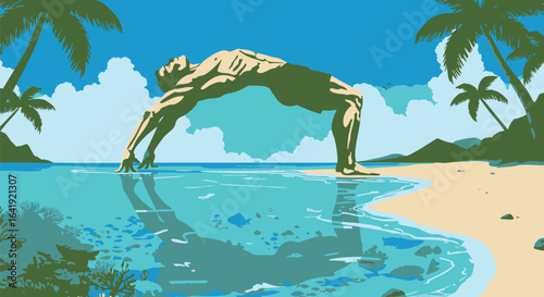 Man in Backbend Pose on Beach