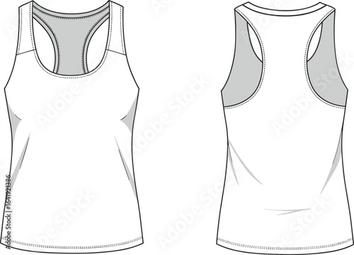 Women’s racerback tank top with contrast panel design, front and back CAD apparel flat fashion sketch vector illustration