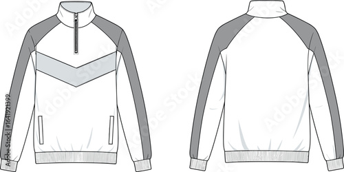 Men’s sports jacket with color block design and quarter zip front, ribbed cuffs and hem, CAD flat vector illustration