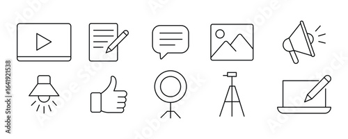 Digital content creation line icon set vector illustration, video, play, button, document, pencil, writing, message, bubble, speech line icon