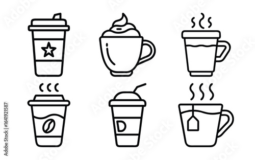 Popular coffee tea drinks menu beverage icons cafe and bar set
