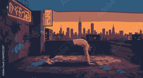 Serene Rooftop Yoga at Sunrise A Tranquil Urban Escape with a Vibrant City Skyline Backdrop, Capturing Inner Peace and Wellness in a Modern Landscape Illustration