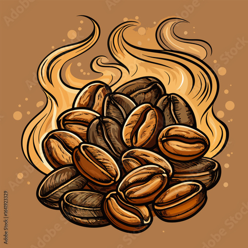 Dark roasted coffee beans illustration with steam on brown background