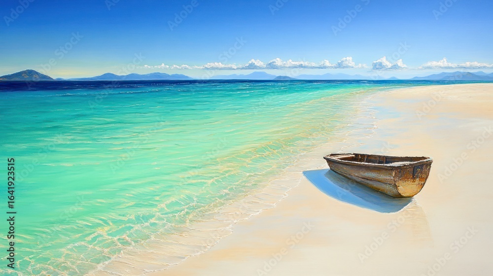 Naklejka premium Tropical beach, boat on shore, turquoise water, island background, travel postcard