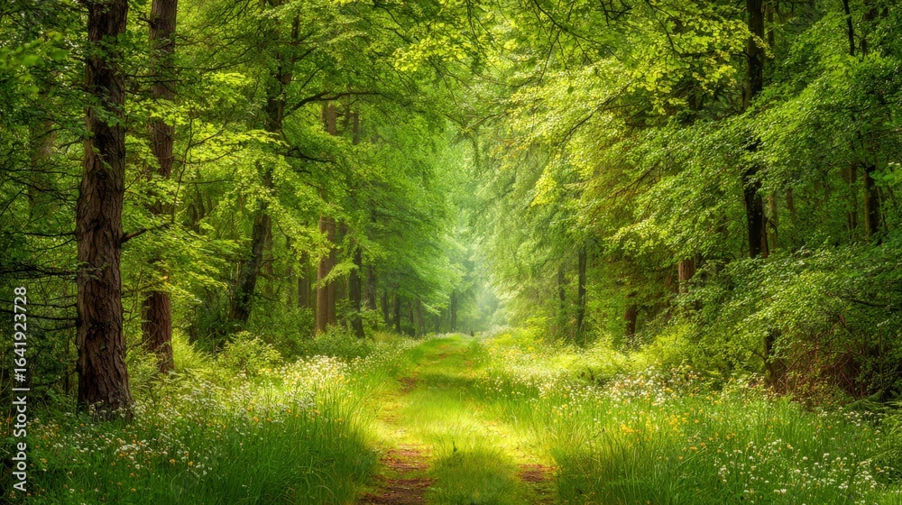 Fototapeta premium Lush Green Forest Path with Sunlight Filtering Through Trees, Creating a Tranquil and Serene Atmosphere