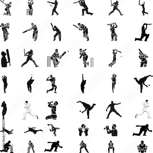 Cricket player, batsman, bowler, wicketkeeper, fielder silhouette vector illustration of a cricket match in cricket sport and cricket game 42 vector editable file for cricket tournament, championship.