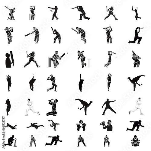Cricket player, batsman, bowler, wicketkeeper, fielder silhouette vector illustration of a cricket match in cricket sport and cricket game 42 vector editable file for cricket tournament, championship.