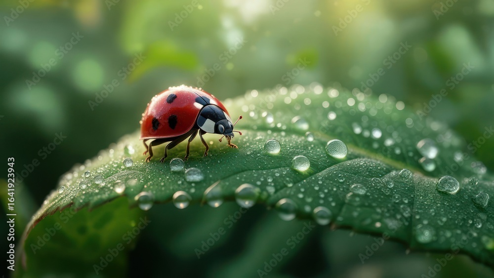 Fototapeta premium Ladybug on dewy leaf (2)