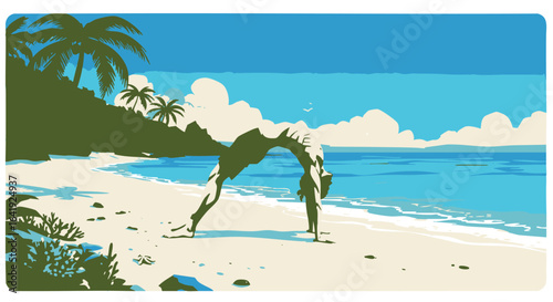 A person performs a yoga pose on a serene beach with palm trees and clear blue water under a bright sky.