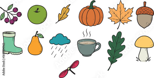 Set of 12 hand-drawn autumn elements in color, vector illustration. Includes pumpkin, maple leaf, acorn, coffee cup, oak leaf, mushroom, branch with berries, apple, rain cloud, rubber boots, pear, and