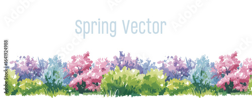 PrSpring vector illustration, colorful floral border design, blooming garden plants, nature background, seasonal decoration, vibrant flowers, lush greenery, landscape pattern, botanical artint