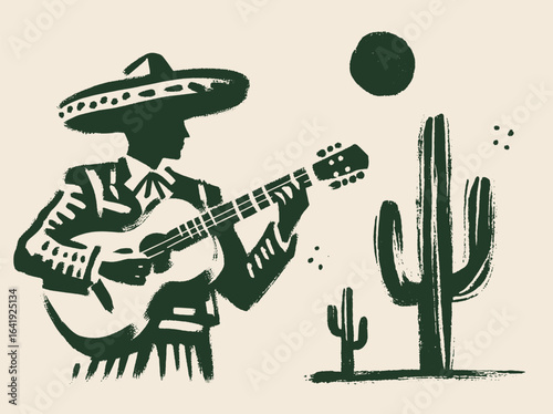 Mexican mariachi playing guitar desert scene brushstroke vector illustration