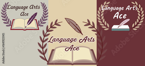 Language Arts Ace Badges with Books, Quills, and Laurel Wreaths for Writing Excellence, Literacy Awards, and School Academic Achievements