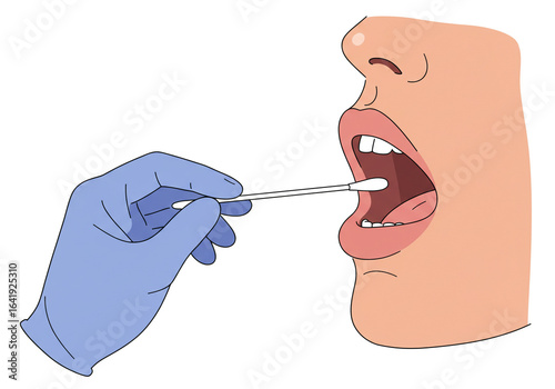 A gloved hand administering a swab test inside an open mouth with visible teeth and tongue