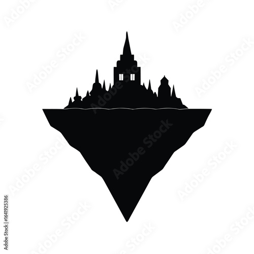 Silhouette of a fantasy floating island city.