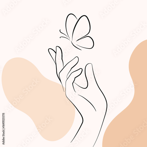 Minimal line art hand releasing butterfly with soft beige abstract shapes


