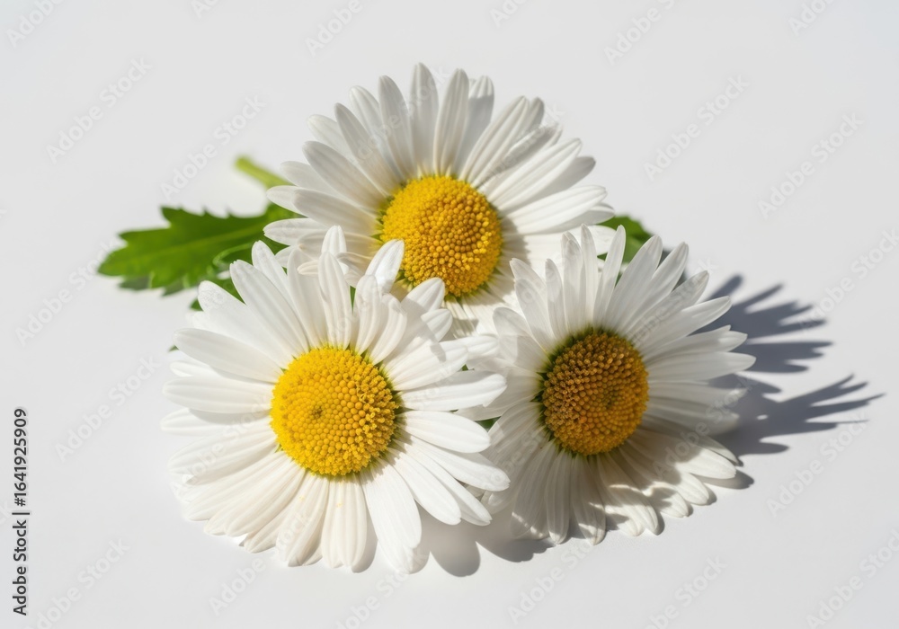Obraz premium Three white daisy flowers with yellow centers on a white petal